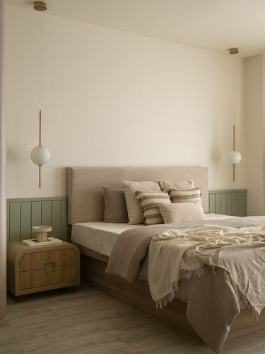 Neutral bedroom with beige upholstered bed, sage wainscoting, and two globe pendant lights