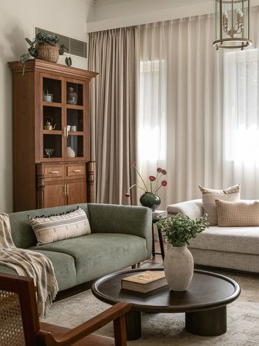 Living room corner with wooden display cabinet, green sofa, and round coffee table under sheer curtains