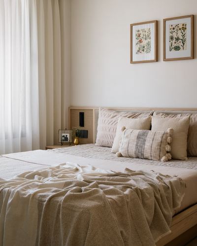 Neutral toned bedroom with cane headboard, layered cushions and botanical prints above bed