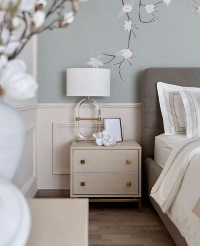 Bedside vignette with upholstered nightstand, drum lamp, and floral wallpaper above wainscoting