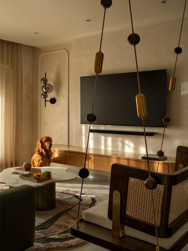 Living room with wall-mounted TV, cane armchair, marble coffee table, and dog on floor