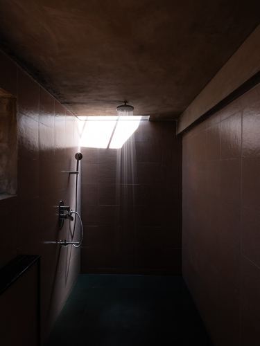 Dark narrow shower with tiled walls lit by a slanted skylight above the showerhead