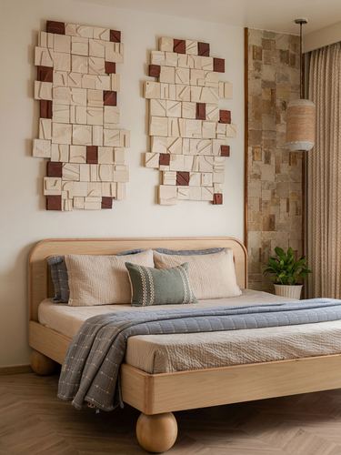 Wooden bed with layered pillows beneath two carved wood-and-terracotta wall panels, stone-clad column beside curtain and pendant lamp.