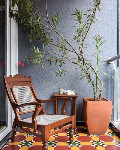Wooden cane armchair beside terracotta planter with plant on patterned tile balcony floor