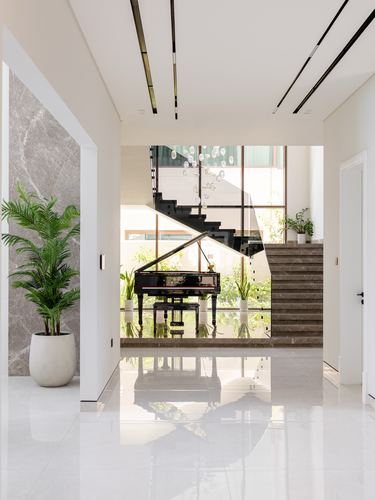 Bright foyer with glossy floor, black grand piano, floating staircase and glass wall beyond