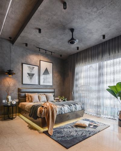 Grey concrete-textured bedroom with backlit bed, sheer curtains and triangle wall art