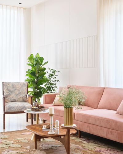Blush pink velvet sofa beside floral armchair and fiddle leaf fig in sunlit living room