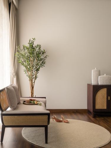 Cane bench with olive tree beside curtained window, round rug, and arched cane cabinet in sunlit room