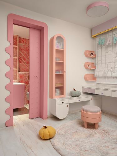 Pink scalloped doorway leads to marble bathroom beside arched pink cabinet and vanity in child's room