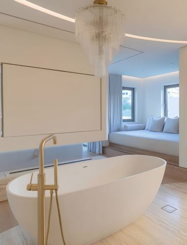 Freestanding oval bathtub with brass filler beneath a crystal chandelier, window seat visible beyond