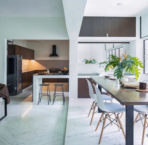 Open kitchen and dining area with marble floor, dark wood cabinetry, and a large potted plant on the dining table