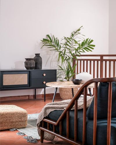 Living room corner with spindle sofa, black cane console, terracotta floor and potted palm