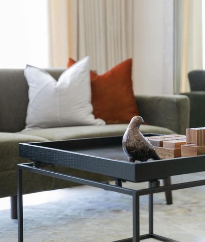 Olive sofa with white and orange cushions behind a black textured coffee table with a wooden bird figure