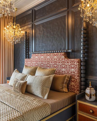 Ornate bedroom with carved four-poster bed, red patterned headboard, and twin crystal chandeliers