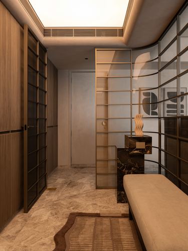 Fluted wood and brass-glass corridor leading to a marble console and bench