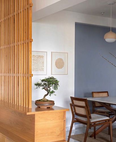 Wooden slatted partition with bonsai console beside a dining area with cane chairs and blue accent wall