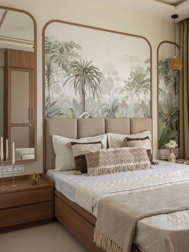 Bedroom with arched botanical mural panels above a beige tufted headboard and wooden furniture