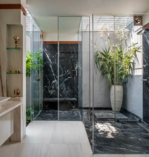 Glass-enclosed shower with dark stone walls opens to a courtyard with a large potted plant