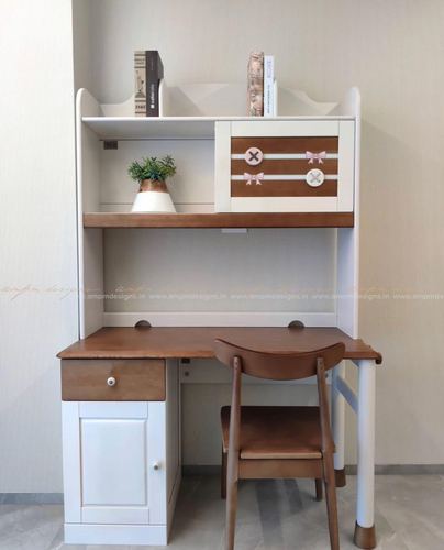White and wood study desk with hutch shelving and chair in kids room
