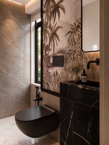 Bathroom with palm mural, marble walls, matte black wall-hung toilet and dark stone vanity