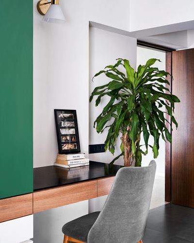 Green accent wall beside wood console table with plant, books, and grey chair in foyer