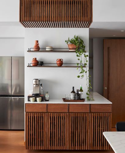 Kitchen counter with fluted wood cabinetry, open shelves with terracotta pots and trailing plant