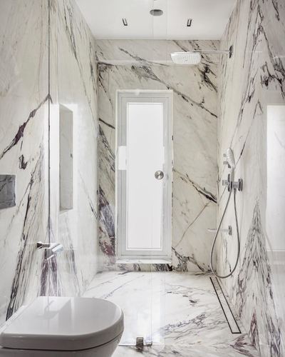 Marble-clad shower and toilet area with purple-veined stone and rain shower head