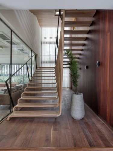 Floating curved wooden staircase beside dark wood-paneled wall with potted palm in Ahmedabad villa