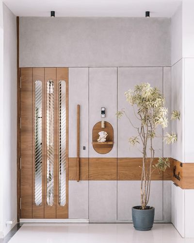 Wooden entrance door with fluted glass panels beside a grey plastered wall and potted plant