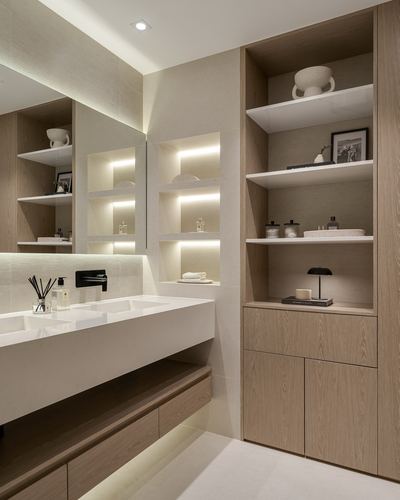 Neutral-toned bathroom with wood cabinetry, backlit niches, and a white floating stone vanity