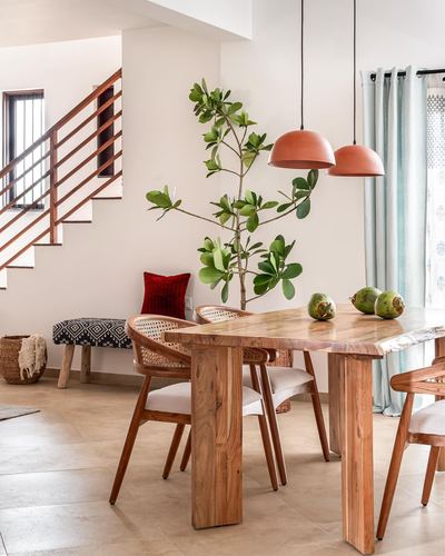 Dining area with live-edge wood table, cane chairs, terracotta pendant lights, and a potted plant near a staircase