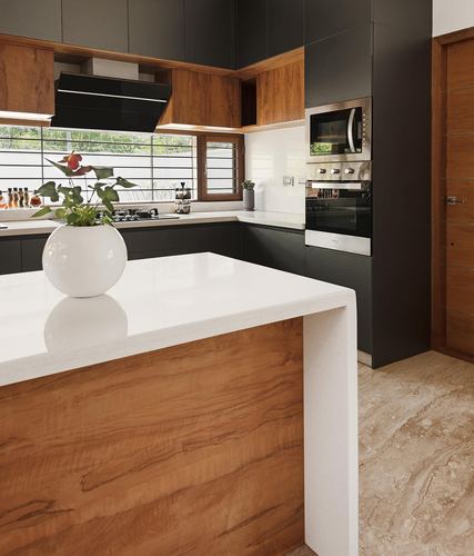 Modern kitchen with black cabinetry, wood island with waterfall stone top, and built-in oven