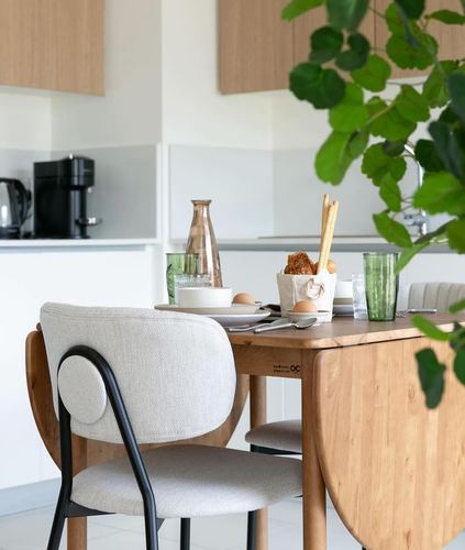 Round wood dining table set for breakfast with upholstered chair and hanging plant in bright kitchen
