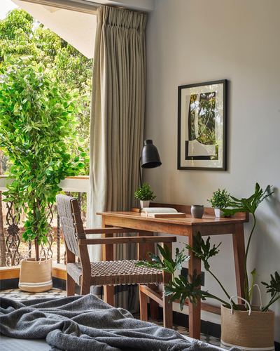 Wooden desk and cane armchair beside curtained balcony opening to greenery, framed art on wall above