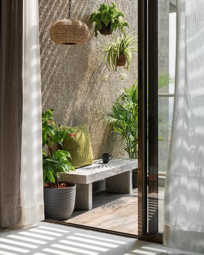 Sunlit balcony niche with stone bench, hanging plants, and textured wall seen through open glass doors