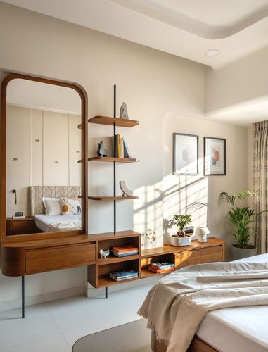 Sunlit bedroom with arched wooden mirror, floating shelves, and low dresser against beige wall