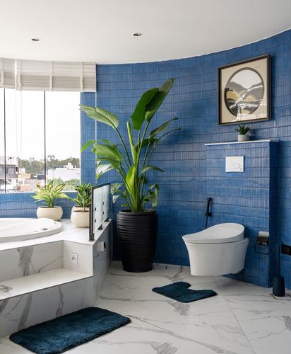 Curved blue tiled bathroom wall with wall-hung toilet, marble tub steps, and large potted plants beside a window.