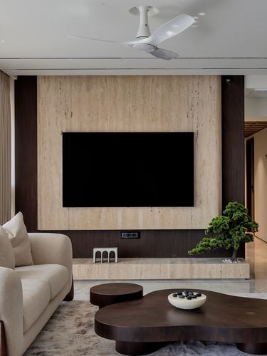Living room with stone-clad tv wall, dark wood trim, bonsai, and organic wood coffee table