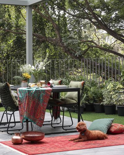 Outdoor patio dining set under pergola with patterned throw, potted plants and a dog on a red rug