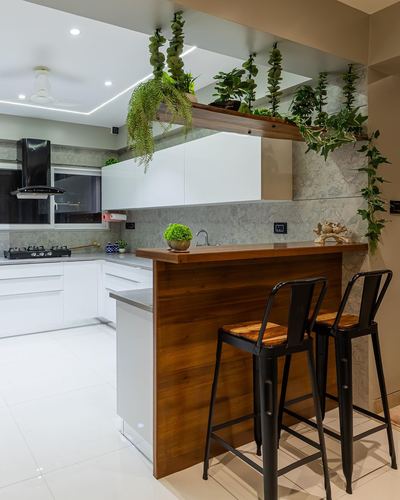 White modular kitchen with wooden breakfast counter, black bar stools, and hanging plants above