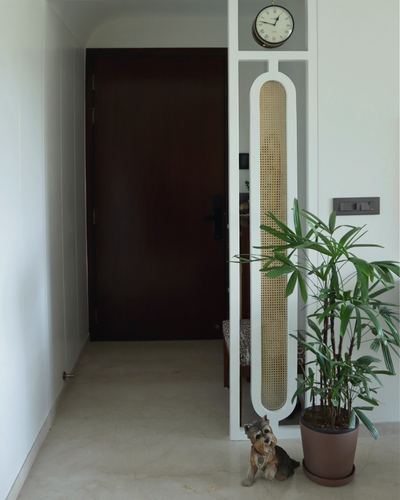 Foyer passage with dark wood door, cane divider, plant, and small dog on stone floor