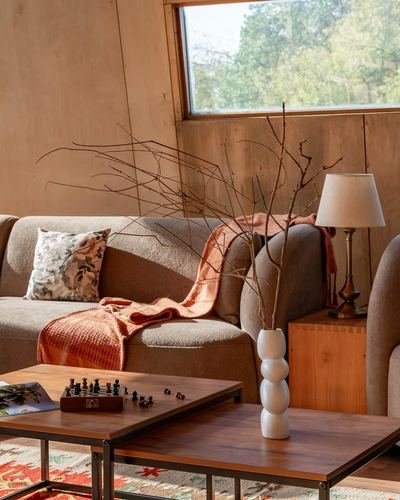 Cozy wood-paneled living room with sofa, orange throw, lamp, and vase of dry branches