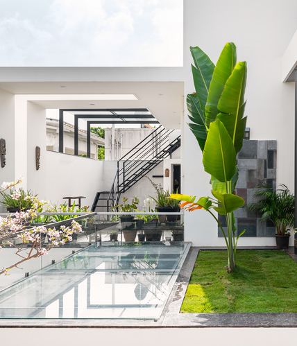 Courtyard with glass skylight, potted plants, banana plant, and stone-clad wall beside white staircase