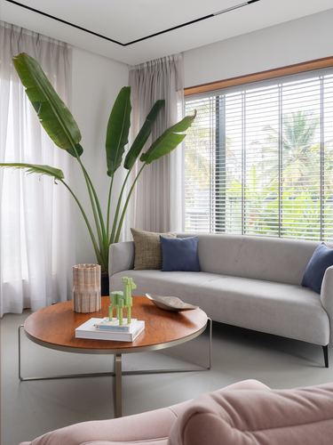 Grey velvet sofa beside round wood coffee table with bird of paradise plant near curtained window overlooking palms