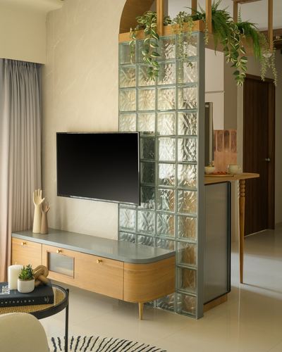 Living room with glass block partition, wall-mounted TV, and curved wooden console under hanging plants