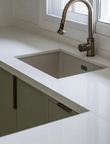 Close-up of white stone countertop with undermount sink, brass faucet, and sage green cabinetry below a window