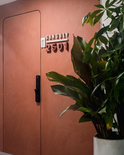 Terracotta plaster entrance wall with arched door, nameplate reading Ganguly 2501, and large potted plant
