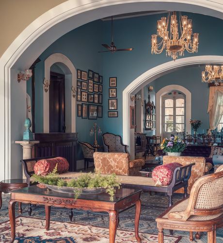 Teal-walled Goan heritage living room with arched doorways, chandeliers, cane bench and antique wood furniture