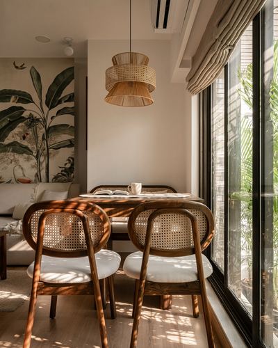 Cane chairs and pendant light around wooden dining table beside glass windows with tropical mural wallpaper