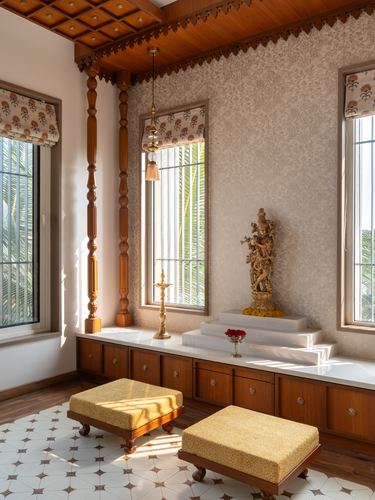 Pooja room with carved wooden ceiling, brass idol on stone platform, and patterned floor tiles